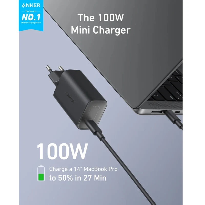 Anker Nano Charger 100w with 6ft Usb-C to Usb-C Foldable Plug, 2-Pin (EU) - Black - Image 2