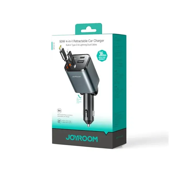 Joyroom JR-CCL05 50W 4-in-1 Retractable Car Charger-Dark Grey