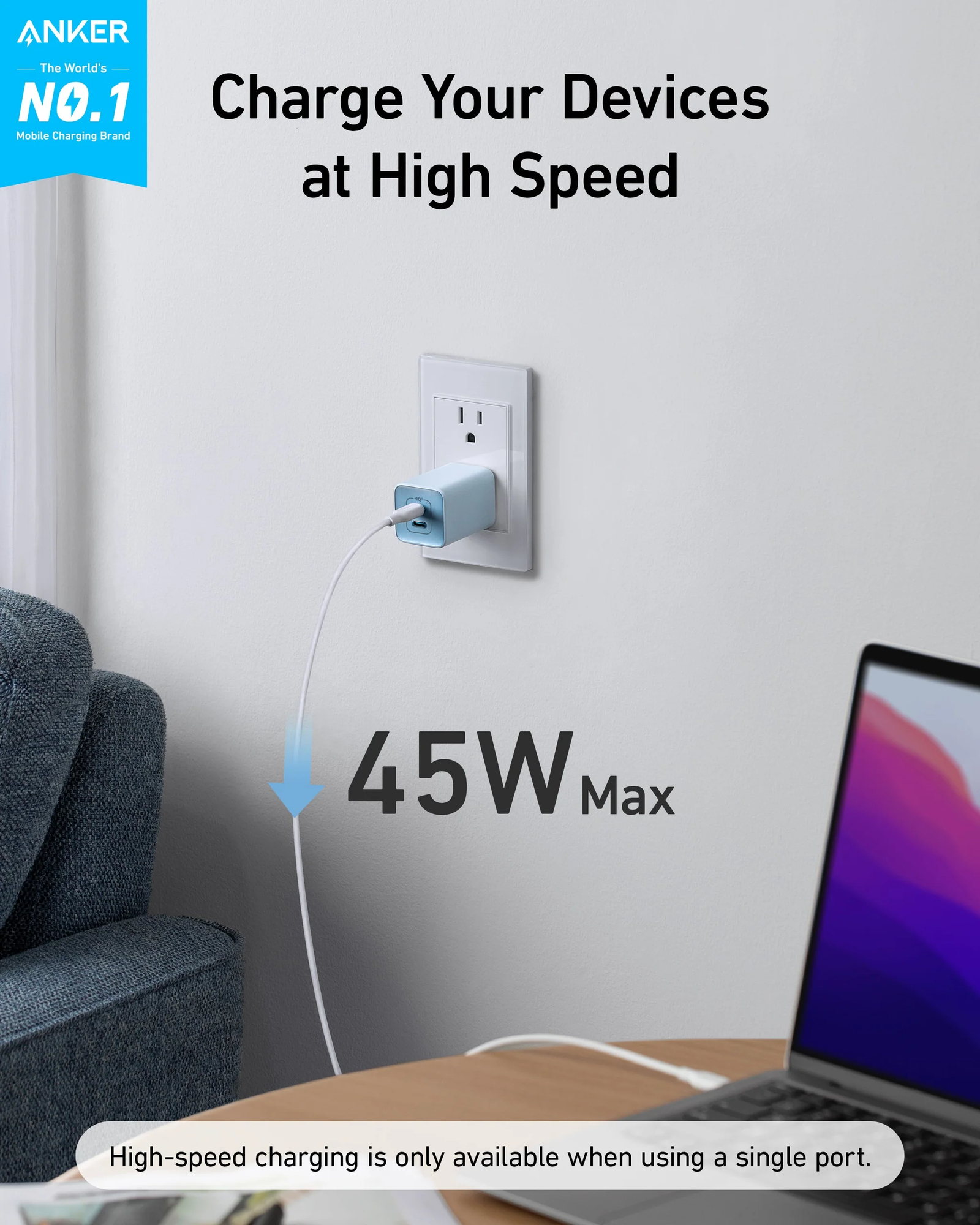 Anker 523 Nano 3, 47w Charger, Foldable Plug, 2-Pin (US) - White - Image 3