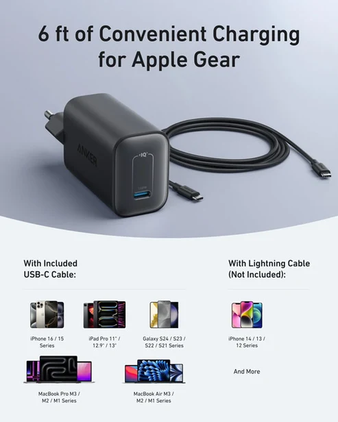 Anker Nano Charger 100w with 6ft Usb-C to Usb-C Foldable Plug, 2-Pin (EU) - Black - Image 3
